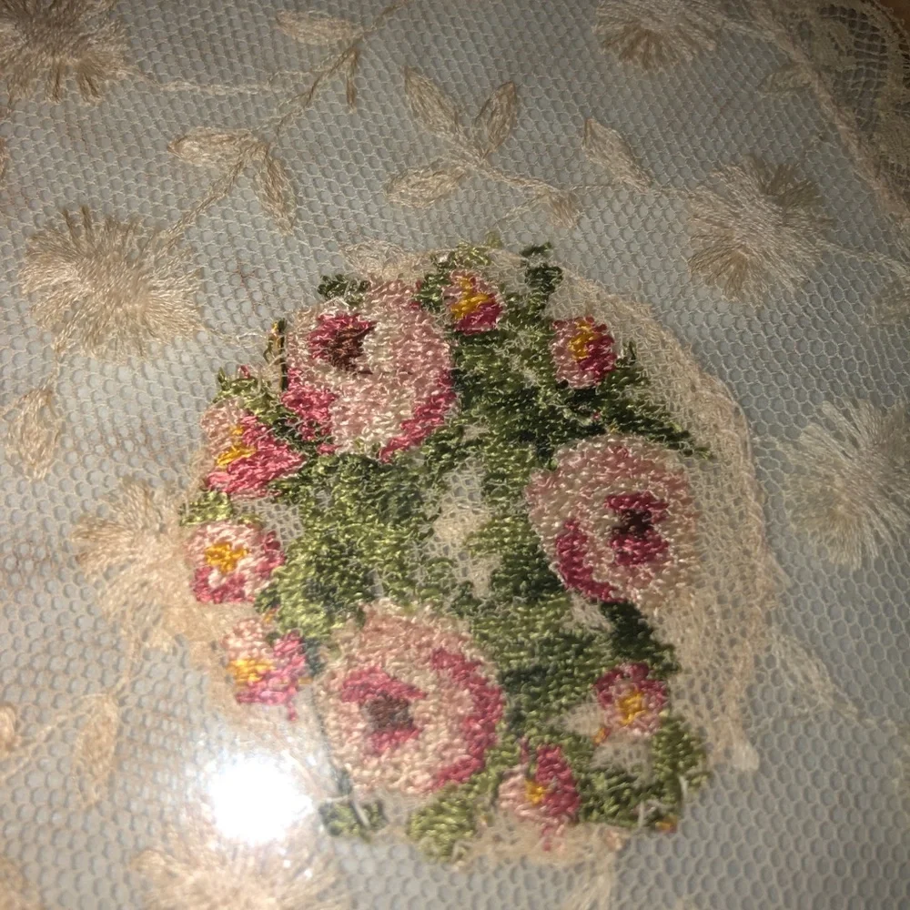 Vintage pearly coral bakelite clear pressed lace tray